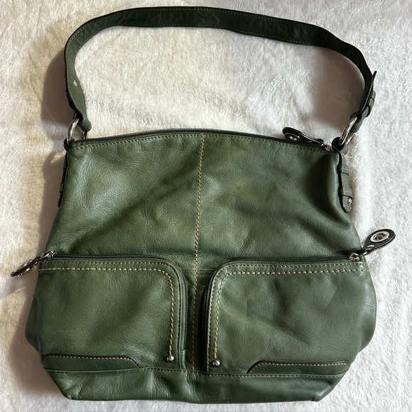 Tignanello Olive Green Leather Satchel Striped Colorful Lining 3 Zipper Pockets - Picture 1 of 11